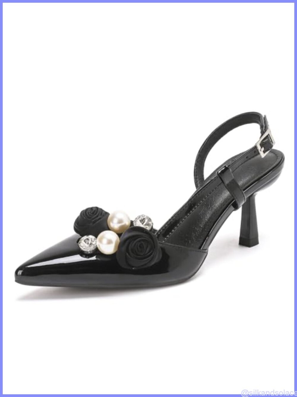 Women's Kitten Heel Slingback Pumps Pearl Flower Pointed Toe Buckle Strap